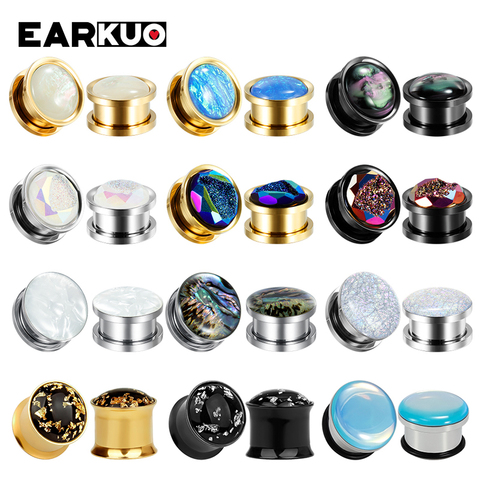 EARKUO Trendy Luxury Stainless Steel Shell Opal Crystal Ear Screw Plugs Gauges Body Piercing Jewelry Earring Tunnels Expanders ► Photo 1/6