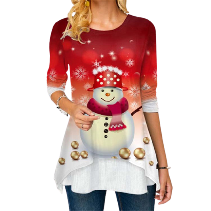 Womens Blouse Christmas T-Shirt Long Sleeve Ladies Xmas Santa Elk Printed Tops