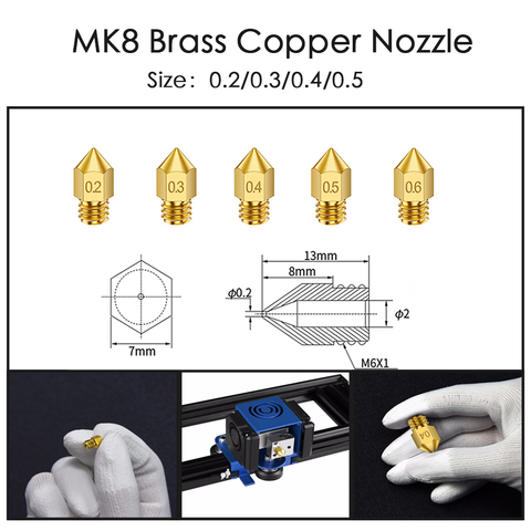 3D Printers Parts 20pcs/lot MK7 MK8 Nozzle 0.2mm 0.3mm 0.4mm 0.5mm Extruder Threaded 1.75mm Filament Head Brass Nozzles ► Photo 1/6