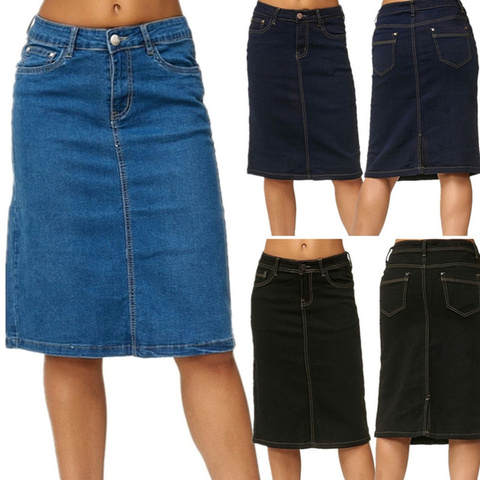 Midi Denim Skirt Women Fashion Casaul Stretch Knee Length Washed Denim Blue Jeans Plus Size Pockets Pure Female Skirts ► Photo 1/6