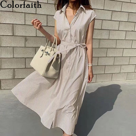 Colorfaith New 2022 Women Summer Shirt Dress Solid Multi Colors Casual Sleeveless Striped Oversize Lace Up Long Dress DR1970 ► Photo 1/6