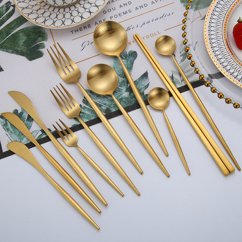 Gold Cutlery Set Forks Knives Spoons 18/10 Stainless Steel Dinner Dinnerware Set Fork Spoon Knife Chopsticks Set Dropshipping ► Photo 1/6
