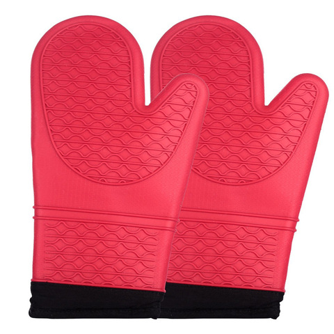 Bestselling 2pcs Red Silicone Kitchen Oven Mitt Glove Potholder with Extra Long Canvas Sleeve Stitching for Grilling and BBQ ► Photo 1/6