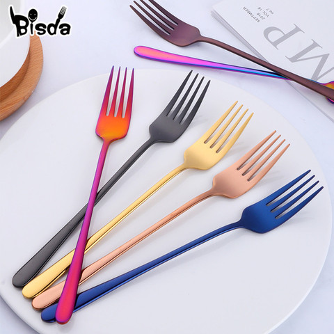 8 Colors Stainless Steel Dinner Fork Set Korea Colourful Dessert Fork With Long Handle Gold Blue Fork Set for Hotel Party ► Photo 1/6