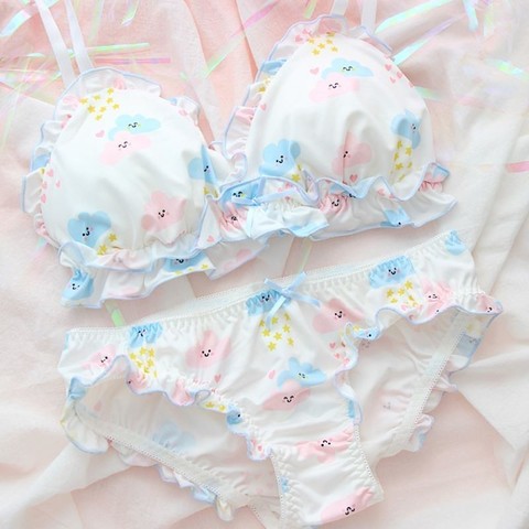 Cute Japanese Lingerie Bra & Panties Set Wirefree Soft Underwear Sleep Intimates Set Kawaii Lolita Color White Bra and Panty Set ► Photo 1/4