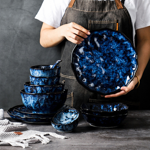Ceramic Dinner Plates And Bowls Blue Dishes Creative Japanese Retro Kiln Changed Tableware Dinnerware Set Plate Platos De Cena ► Photo 1/6