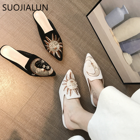 SUOJIALUN Women Slippers Pointed Toe Slip On Half Slippers Fashion Embroider Mules Autumn Outdoor Casual Ladies Sandals Slides ► Photo 1/6