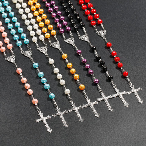 Religion Christian Faux pearl Rosary necklace For Women Virgin Mary Jesus Cross pendant Long beads chains Fashion Jewelry ► Photo 1/6
