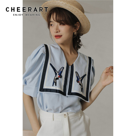 CHEERART Puff Sleeve Bird Embroidery Blouse Women Blue Button Up Shirt Summer Loose Blouse Sailor Collar Designer Top 2022 ► Photo 1/5