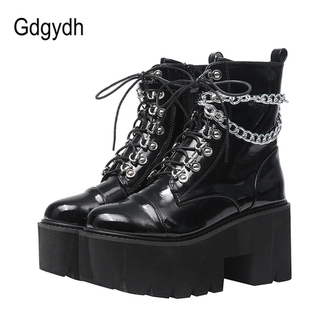 Gdgydh Patent Leather Gothic Black Boots Women Heel Sexy Chain Chunky Heel Platform Boots Female Punk Style Ankle Boots Zipper ► Photo 1/6