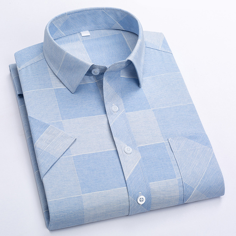 Summer Shirt Men Short Sleeve Turn-Down Collar Regular Fit Pocket Button Fashion Plaid Print Color 50% Cotton Casual Shirts ► Photo 1/6