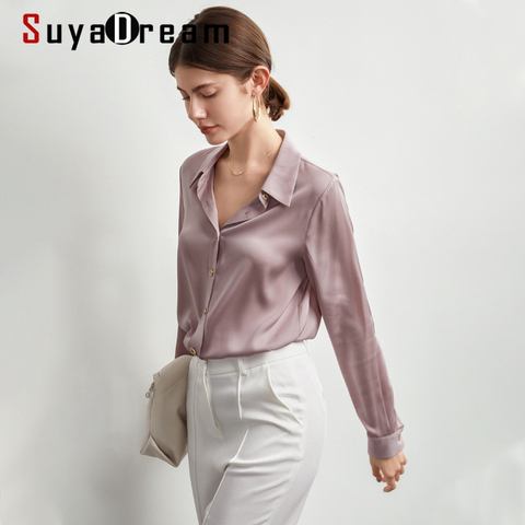 SuyaDream Women Silk Shirt 92%Silk Satin Long Sleeves Turn Down Collar Solid Blouse Shirt 2022 Spring Autumn Office Chic Shirt ► Photo 1/6