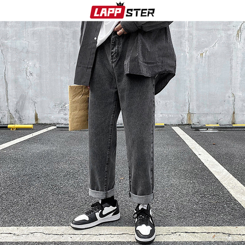 LAPPSTER Men Grey Streetwear Baggy Jeans 2022 Mens Kpop Solid Denim Pants Couple High Waisted Vintage Oversized Joggers Pants ► Photo 1/6