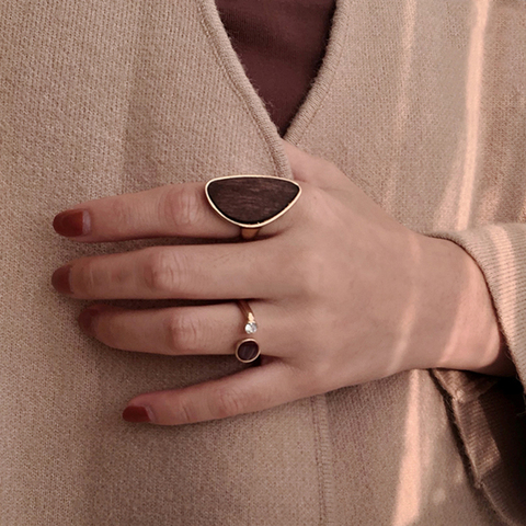Peri'sBox 2 Designs Dark Wooden Rings for Women Irregular Gold Geometric Rings Statement Rings Big Size Everyday Jewelry 2022 ► Photo 1/6