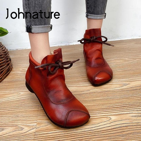 Johnature Shoes Women Boots 2022 New Winter Lace-Up Genuine Leather Handmade Round Toe Sewing Flat With Ankle Platform Boots ► Photo 1/6