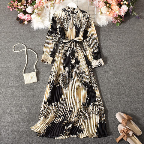 Vintage Long Dress Popular Full Sleeve 2022 Spring Fall New Loose A-Line Printed Leopard Pleated Women Dress Elegant Robe y1470 ► Photo 1/6