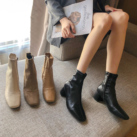 Autumn Winter Women zipper Square toe Boots Elastic suede woman short Boots cotton ankle boots women's botas mujer 2022 New Drop ► Photo 1/6