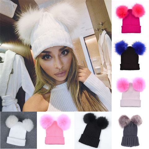 Fur Ball Cap 2 Pom Poms Winter Hat for Women Girl 's Wool Hat Knitted Cotton Beanies Cap Brand New Thick Female Cap ► Photo 1/6