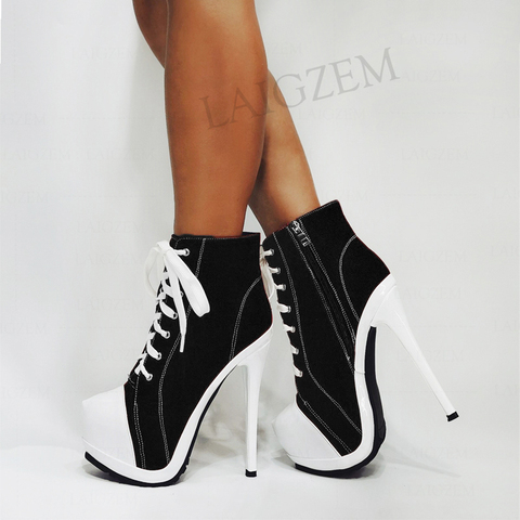 SEIIHEM Women Ankle Platform Boots Side Zip High Heels Short Booties Canvas Unisex Shoes Woman Botas Large Size 41 42 44 47 52 ► Photo 1/6