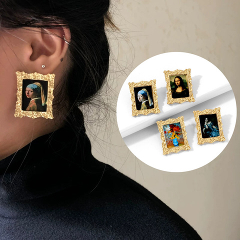 YANGLIUJIA Exaggerated Earrings Pictures Landscape Painting Mona Lisa Creative Europe And America Pop Album Stud Earrings ► Photo 1/6
