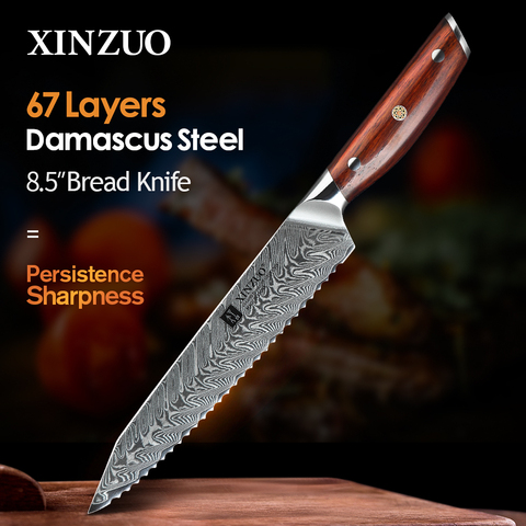 XINZUO 8.5'' inch Serrated Knife vg10 Damascus Stainless Steel Blade Rose wood Handle New Design Bread Cheese Cake Cutter Tools ► Photo 1/6