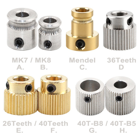 MK7 MK8 Extruder 26/36/40 teeth Gear Reprap Mendel Extruder Drive Gear Brass Bore 5mm 3d Printer Feeding Hobbed Wheel ► Photo 1/3