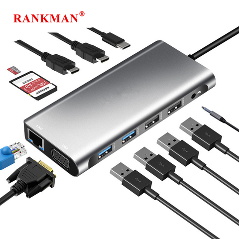 Rankman Type C to HDMI-compatible Gigabit RJ45 Lan VGA USB C 3.0 2.0 SD TF for MacBook Samsung S20 Dex Xiaomi 10 TV Nintendo PS5 ► Photo 1/6