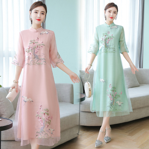 Women Cheongsam Improved Dress Retro Elegant Embroidery Long Dresses Floral Party Dress Chinese Female High Quality Clothing ► Photo 1/4