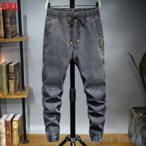 Spring Elastic Waist Jeans Men's Large Size Loose Harem Pants Tide oversized Elastic Slim Cropped ankle-length Pants 6XL 5XL 4XL ► Photo 1/6