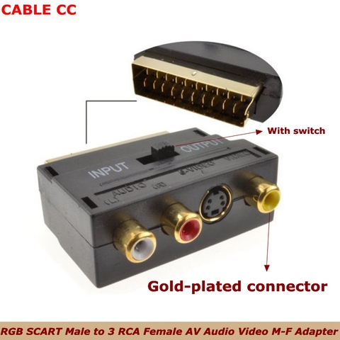 RGB SCART male to 3 RCA female AV audio video M-F adapter converter for TV VCR Scart adapter, with switch, gold-plated connector ► Photo 1/6