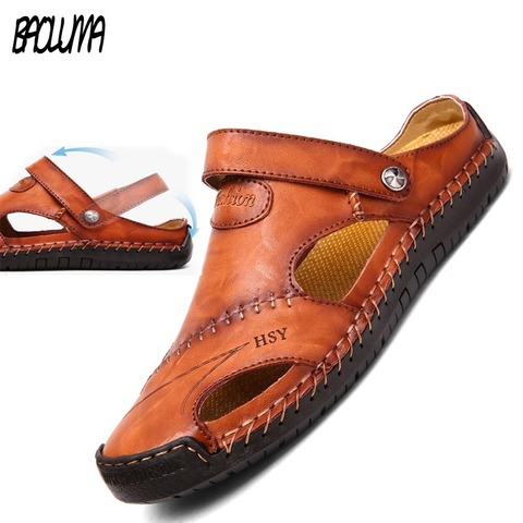 Genuine Leather Men's Sandals Summer Soft Shoes Beach Men's Sandals High Quality Sandals Slippers Bohemia Size 38-48 Hot sale ► Photo 1/6