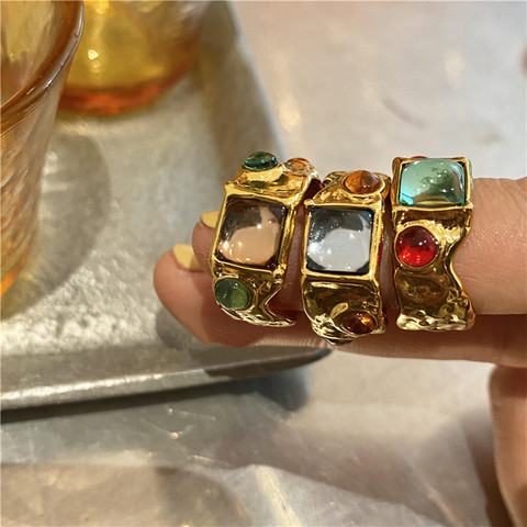 AOMU Colorful Vintage Baroque Premium Gold-Plated Crystal Rhinestone Rings French Irregular Geometric Metal Gold Rings for Women ► Photo 1/6