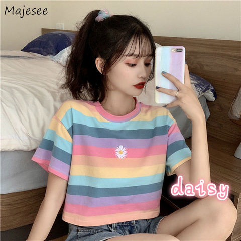 Short Sleeve T-shirts Women 2022 Crop Top Striped Rainbow Plus Size Girlish Colorful Fashion Chic All-match Casual Womens Kawaii ► Photo 1/6