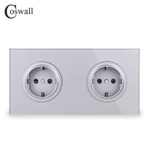 Coswall Crystal Tempered Full Glass Panel 16A Double EU Standard Wall Power Socket Grounded With Child Protective Lock Grey Gray ► Photo 1/4
