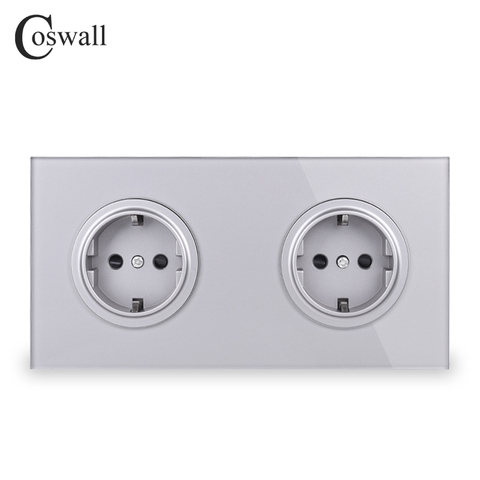 Coswall Crystal Tempered Full Glass Panel 16A Double EU Standard Wall Power Socket Grounded With Child Protective Lock Grey Gray ► Photo 1/4