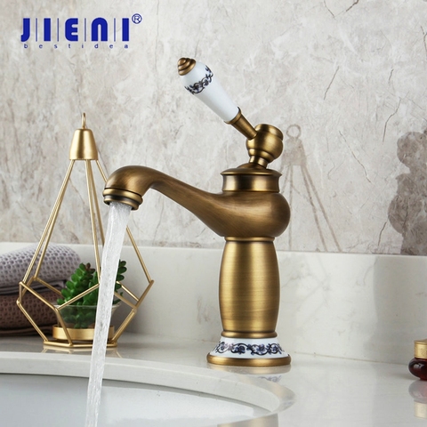 JIENI RU Antique Brass Faucet Stream Spout Tap Bathroom Basin Sink Faucet Solid Brass Hot & Cold Water Mixer Vanity Sink ► Photo 1/1