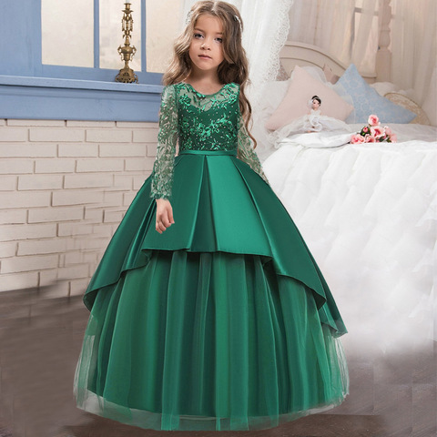 Autumn Winter 4-14 Year Teens Party Christmas Girl Dress For Children Wedding Flower Kids Clothes Princess Pageant Long Vestidos ► Photo 1/6
