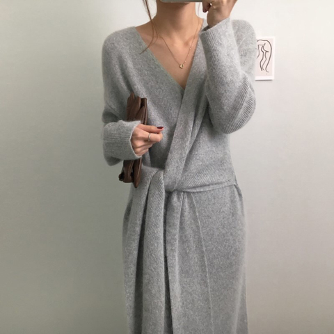 Korean Belted Cashmere Sweater Dress Women Office Lady V Neck Knitted Dress Winter Warm Thick Party Dress Plus Size Loose V953 ► Photo 1/6