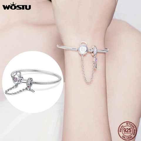 WOSTU 100% 925 Sterling Silver Heart Key Safety Chain Bracelets Pink Zircon Charm Bangle For Women Silver 925 Jewelry CQB143 ► Photo 1/6