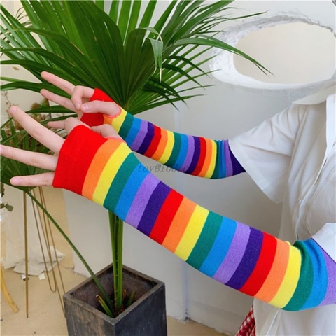 Women Girl Harajuku Elbow Length Fingerless Arm Sleeve Warmer Rainbow Colored Striped Knitted Sunscreen Halloween Costume Gloves ► Photo 1/6