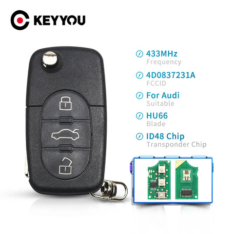 KEYYOU For Audi A3 A4 A6 A8 B5 TT RS4 Quattro 1994 - 2004 Old Models 433Mhz ID48 Chip HU66 Blade Car Remote Flip Key 3 Buttons ► Photo 1/6