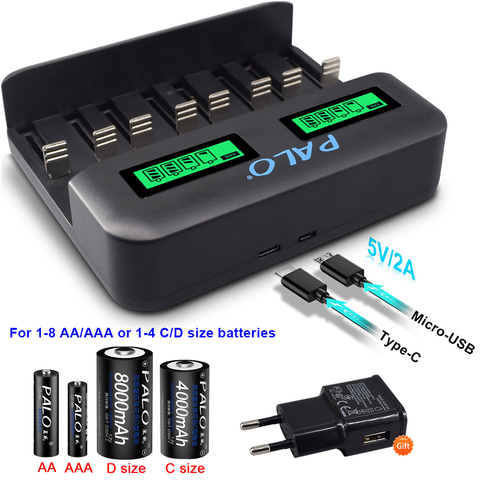 PALO 8 slots LCD display USB Smart battery Charger for AA AAA SC C D Size Rechargeable Battery 1.2V Ni-MH Ni-CD Quick Charger ► Photo 1/6