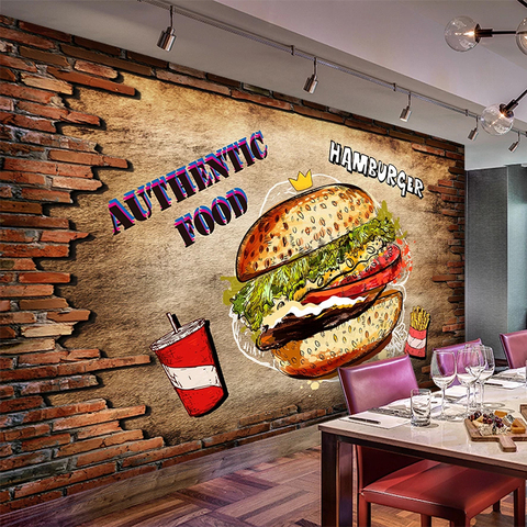 PVC Self-Adhesive Waterproof Mural Wallpaper 3D Brick Wall Hamburger Fast Food Restaurant Background Wall Removable Wall Sticker ► Photo 1/6