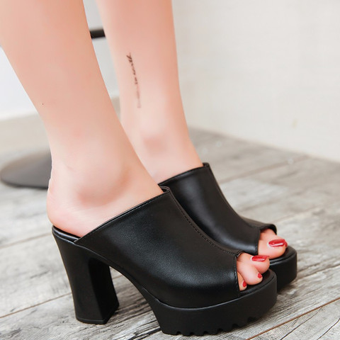 2022Women Sexy High Heel Mules Clogs Black Peep Toe Platform Mules Ladies Leather Sole Slippers Femal Slip On Sandals Shoes ► Photo 1/6