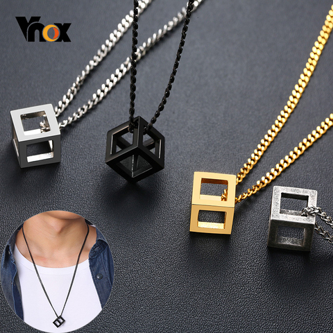 Vnox Special Cube Shape Pendant for Men Industrial Style Male Necklace Stainless Steel Casual Jewelry with 24