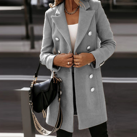 Autumn Winter Women Elegant Woolen Coat, Simple Grey Pea Coat