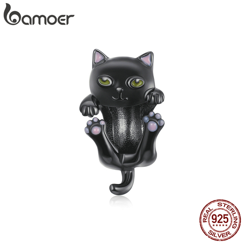 bamoer Genuine Original Women Silver Bracelet 925 Sterling Cartoon black cat Metal Charm for DIY Jewelry Making beads BSC404 ► Photo 1/6