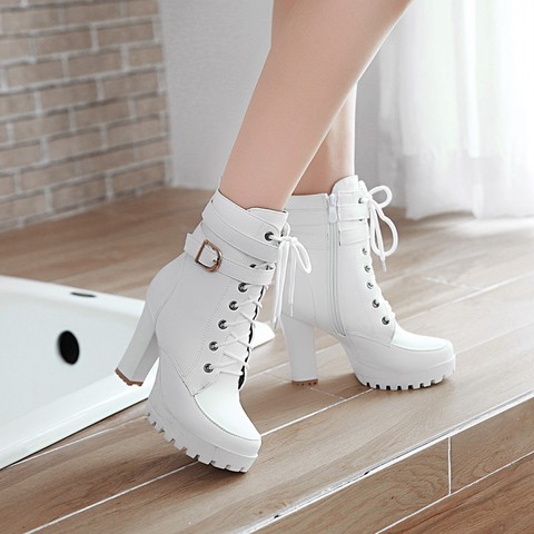 High Heels Women Ankle Boots Lace Up Fall Winter Platform Ladies Boots Large Size Fashion Shoes White Black Brown 659 ► Photo 1/5