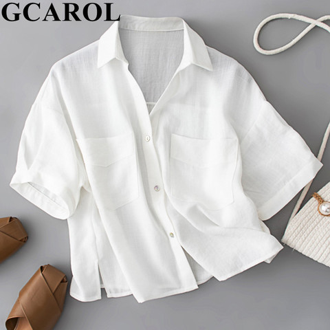 GCAROL Women 30% Cotton  White And Pink Shirt V Neck Short Sleeve Oversized Cropped Tops Boyfriend Style Summer Spring Blouse ► Photo 1/6