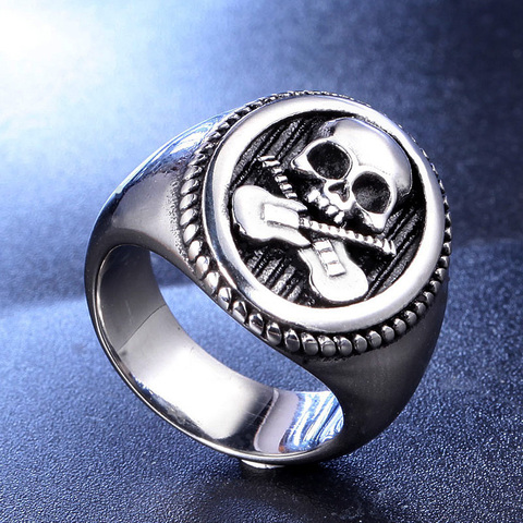 Cool Guitar Skull Ring Gold/Silver Color Stainless Steel Biker Skull Ring Men Punk Rock Signet Ring Jewelry Party Best Gift ► Photo 1/6